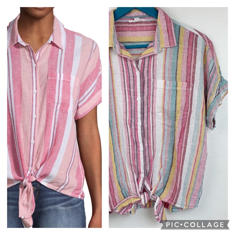 Beachlunchlounge linen striped tie waist button down collared short sleeve shirt